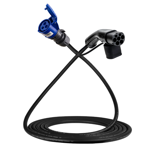 Sovitinkaapeli Type 2 (latausaseman puoli) 16A 3-napaiseen siniseen kommandopistorasiaan