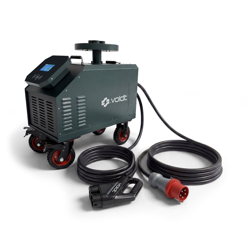Mobile fast charging unit shown with its DC output cable and three phase power lead