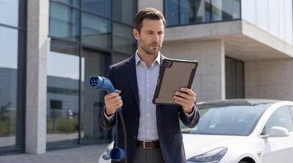 Fleet manager holding a tablet and a Type 2 charging connector beside a white company electric car