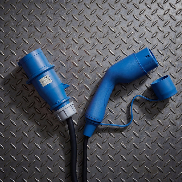 Three phase blue CEE plug beside a Type 2 charging connector on metal