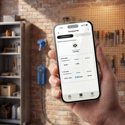 Smartphone showing a charging schedule while the cable powers a car in a garage