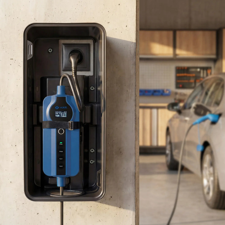 Voldt® Household Charger Box on a garage wall next to a charging electric car